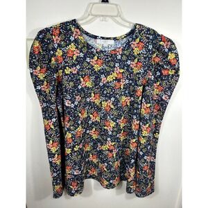 LOFT PLUS Floral Puff Sleeve Knit Top Women's 16/18 Navy BOHO Peasant Party Cute